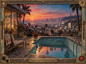 SongData_Californication_RedHotChiliPeppers_1999 A weathered hillside pool terrace overlooks Los Angeles at sunset, where two figures quietly face a glowing maze of palms, freeways, billboards, and distant towers. Coral, amber, turquoise, and indigo tones create a seductive yet uneasy mood. Textured oil-paint detail, cracked surfaces, reflections, and a guitar-inspired aged frame reinforce the nostalgic, decadent atmosphere.