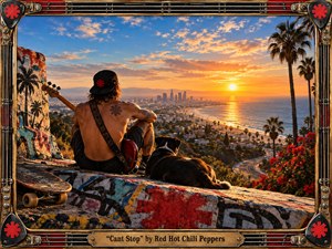 A tattooed musician and his dog overlook a sprawling California coastline at sunset, surrounded by graffiti, palms, winding roads, and distant city towers. Warm gold, orange, blue, and red tones create restless energy and freedom. A richly textured guitar-inspired metal frame, asterisk motifs, and engraved title plate complete the cinematic rock artwork.