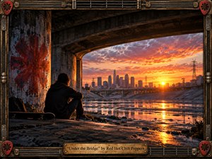 A solitary figure sits beneath a weathered concrete bridge, facing a glowing city skyline beyond a reflective river channel. Warm orange and crimson sunset light contrasts with deep industrial shadows, creating a mood of loneliness, refuge, and quiet reflection. Photorealistic textures, graffiti, puddles, skateboard, and an ornate guitar-inspired frame complete the handcrafted scene.