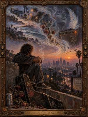 A solitary figure sits above a glowing Los Angeles skyline at dusk, surrounded by wilted flowers, a battered guitar case, and drifting smoke. Dreamlike coastal memories dissolve through blue-gray clouds while amber city lights and a fading orange sun create a melancholy, reflective oil-painted atmosphere framed by weathered bronze details.