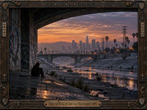 A solitary figure sits beneath a massive concrete bridge, overlooking a shallow urban river and distant Los Angeles skyline at sunset. Warm amber reflections contrast with cool blue-gray shadows, palm trees, power lines, and hazy towers. Cinematic film styling, weathered textures, and an ornate guitar-inspired frame deepen the melancholy, reflective mood.