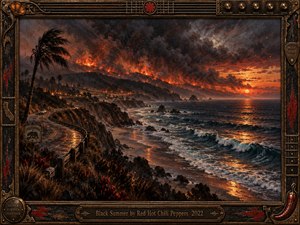 A storm-darkened California coast burns beneath smoky skies as wildfire glow meets restless ocean surf. A winding cliff road, windblown palm, scattered embers, and reflective waves create a tense, melancholic atmosphere. Rich oil-paint textures, charcoal shadows, burnt orange light, deep blues, and an ornate guitar-inspired frame heighten the apocalyptic beauty.
