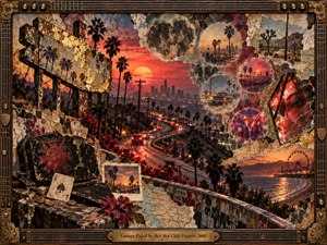 A richly layered mixed-media collage overlooks a glowing Los Angeles highway at sunset, with palms, skyline, coastline, torn maps, playing cards, coins, photographs, and fractured reflections. Warm crimson, orange, gold, and smoky teal create a restless, nostalgic mood, while luminous memory bubbles and a weathered guitar-inspired frame reinforce fading fortune.