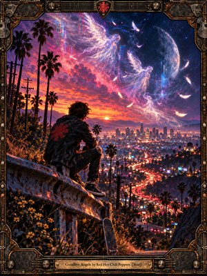 A solitary figure sits above a glowing city at sunset, framed by palms, winding traffic lights, and distant towers. Ethereal angelic forms drift across a violet-blue sky beside a luminous moon. Warm oranges, magentas, and electric blues create a bittersweet, cinematic digital painting filled with longing, reflection, and release.