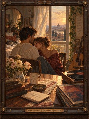 A tender couple rests together in a warmly lit room at sunset, surrounded by flowers, records, books, a guitar, and soft domestic details. Golden light streams through a tall window, creating an intimate, reflective mood. Rich earthy colors, painterly textures, and the ornate music-inspired frame reinforce the romantic atmosphere.