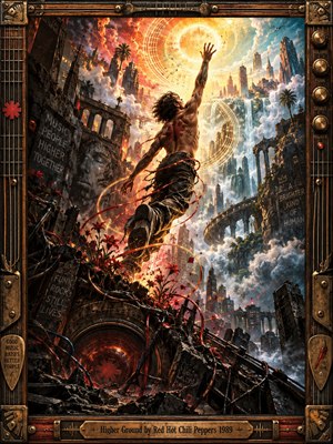 A tattooed figure surges upward through a ruined futuristic city toward a radiant golden orb, surrounded by spiraling musical energy and glowing clouds. Fiery reds, oranges, bronze, and cool blue mist create an urgent, transcendent mood. Detailed digital painting, shattered architecture, red flowers, and an ornate amplifier-inspired frame reinforce the rhythmic ascent.