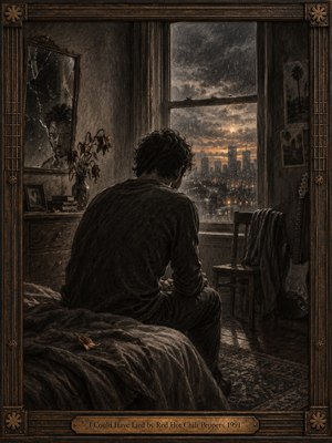 A solitary man sits hunched in a dim bedroom, facing a rain-streaked window and distant city lights. Charcoal, graphite, and sepia tones deepen the mood of regret and isolation. A cracked mirror, wilted flowers, rumpled bedding, and a shadowed guitar add intimate symbolism within the ornate dark frame.