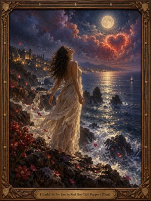A windswept woman in a flowing ivory dress stands barefoot on moonlit coastal rocks above crashing waves, gazing toward a glowing heart-shaped cloud. Deep blues, violets, crimson, and gold create a romantic, yearning atmosphere. Luminous oil-paint textures, distant village lights, drifting petals, and an ornate bronze frame heighten the dreamlike scene.