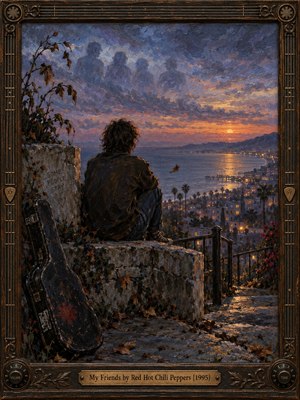 A solitary figure sits on a weathered coastal overlook at sunset, gazing across a glowing city and calm sea. Moody blues, violets, and warm orange light create a reflective, melancholic atmosphere. Textured oil brushwork, drifting leaves, ghostly figures in the clouds, and a worn guitar case suggest memory, friendship, and solitude.