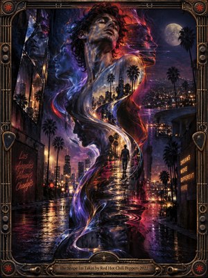 A surreal figure dissolves through a neon-lit Los Angeles night, layered with ghostly profiles, palm silhouettes, wet streets, and glowing city reflections. Deep blues, purples, reds, and amber highlights create a restless, introspective mood. Fluid digital painting, warped reflections, luminous trails, and an ornate metallic frame emphasize transformation.