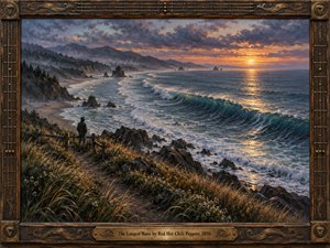 A solitary figure overlooks a sweeping coastal bay as a long turquoise wave curves toward a rocky shore beneath a glowing sunset. Windswept grasses, distant mountains, sea stacks, and dramatic violet clouds create a reflective, restless mood. Painterly oil textures and warm amber light contrast with cool ocean blues inside an ornate wood and bronze frame.