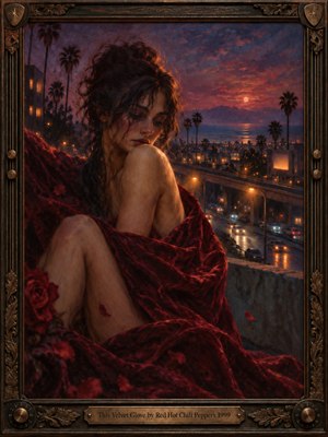 A solitary woman wrapped in deep crimson velvet sits above a glowing coastal city at dusk, her lowered gaze suggesting longing and quiet vulnerability. Palm trees, wet highways, distant mountains, and warm lights recede beneath a violet-red sky. Rich oil textures, amber highlights, roses, and an ornate bronze frame deepen the romantic melancholy.