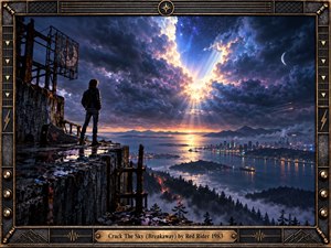 A lone figure stands on a rain-darkened industrial overlook above a glowing coastal city, facing a stormy sky split by radiant celestial light. Deep blues, violets, and amber reflections create a tense, hopeful mood, while distant mountains, water, mist, a guitar case, and an ornate metallic rock-inspired frame add cinematic detail.