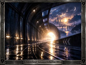 A rain-darkened futuristic tunnel curves toward a brilliant white-gold opening, its wet roadway reflecting amber lamps and cool steel-blue shadows. Beyond the arch, a luminous city, bridge, mountains, and crescent moon emerge through mist. Cinematic digital realism, strong perspective, industrial framing, and polished metal details create tense, hopeful momentum.