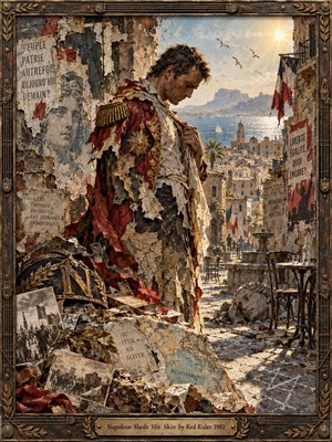 A weary figure sheds a tattered red military coat amid a sunbaked Mediterranean city layered with torn posters, maps, rubble, and fallen imperial symbols. Warm gold light, dusty crimson, bronze, and faded blue create a tense, reflective mood. Detailed mixed-media collage textures and an ornate weathered frame reinforce themes of power, decay, and transformation.