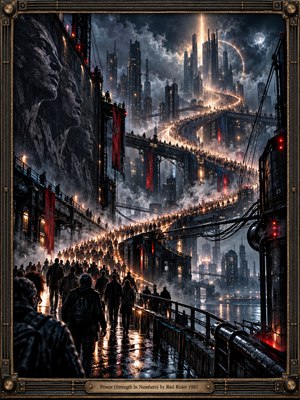 A vast industrial city rises through rain and smoke as countless dark figures climb glowing elevated walkways toward a radiant tower. Cold steel blues, charcoal shadows, crimson accents, and amber light create a tense, determined mood. Cinematic digital realism, wet reflections, monumental architecture, and an ornate metal frame emphasize collective strength.