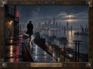 A lone figure walks a rain-slick rooftop ledge above an industrial waterfront, following a glowing curved line toward a distant city skyline. Cool blue-gray tones, red signal lights, mist, reflections, and dramatic clouds create tense introspection. Cinematic photographic styling and the weathered guitar-inspired frame reinforce the early-1980s atmosphere.
