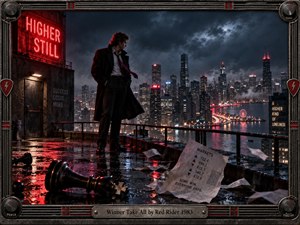 A solitary man stands on a rain-soaked rooftop above a glowing city, surrounded by windblown papers and a fallen chess king. Cold blue shadows contrast with vivid red neon, while storm clouds and reflections deepen the tense, cinematic mood. A rugged metal amplifier-style frame completes the dramatic 1980s photographic composition.