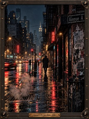 A rain-soaked city avenue glows beneath red neon and amber streetlights as a lone figure walks into the night. Wet pavement mirrors traffic, signs, and distant towers while steam drifts from a grate. Deep blue-black shadows, warm reflections, film grain, and a weathered metal frame create cinematic urban melancholy.