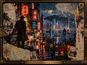 A lone cowboy-like traveler overlooks rain-soaked Hong Kong, where neon streets descend toward a glowing harbor filled with boats and towering lights. Torn maps, travel papers, photographs, and weathered posters create a layered mixed-media collage. Crimson, teal, amber, and indigo reflections heighten the moody, cinematic 1980s atmosphere.