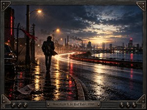 A lone figure walks along a rain-soaked industrial waterfront as glowing traffic trails curve toward a distant sunrise. Deep blue clouds, amber streetlights, red reflections, smokestacks, bridges, and wet pavement create a tense cinematic mood. Vintage photographic grain and a guitar-inspired metal frame reinforce the rugged early-1980s rock atmosphere.