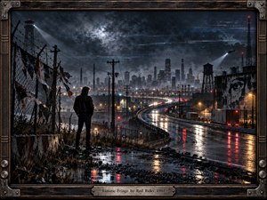 A solitary figure overlooks a rain-soaked industrial city where a curving highway glows with red, amber, and white reflections. Cold blue-gray clouds, searchlights, fences, utility poles, and electronic static create an atmosphere of surveillance and isolation. Cinematic digital realism, dramatic lighting, and a rugged musical frame intensify the tense mood.