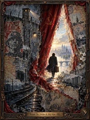 A lone traveler walks through torn crimson curtains toward a glowing European city, leaving a bleak world of concrete walls, barbed wire, rail tracks, maps, and faded propaganda behind. The layered mixed-media collage uses gray, rust, sepia, and gold, with dramatic light, weathered textures, and an ornate bronze frame.
