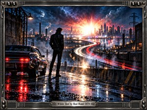 A lone figure stands beside a dark muscle car overlooking a rain-soaked industrial city, where an S-curving highway streams toward a blazing white-hot horizon. Deep blues, chrome grays, fiery reds, mist, reflections, and dramatic storm clouds create a tense cinematic mood, enclosed by a detailed amplifier-inspired metal frame.