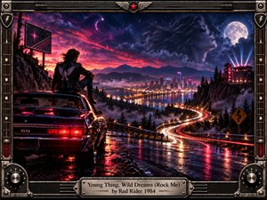 A lone young rocker sits on a dark muscle car above a glowing city, watching a winding highway streaked with red and white light. Deep blues, magenta clouds, moonlight, wet reflections, and a ghostly woman in the sky create a dreamy, restless 1980s rock atmosphere within a metallic guitar-inspired frame.