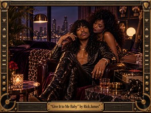 A glamorous 1980s funk lounge frames a confident leather-clad man reclining beside an elegant woman, surrounded by velvet, records, guitars, candles, and a glowing city skyline. Rich black, gold, burgundy, and purple tones create a seductive nocturnal mood, while warm cinematic lighting and an ornate guitar-inspired frame emphasize decadent handcrafted detail.