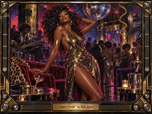 A glamorous dancer commands a lavish late-1970s nightclub, shimmering in gold beneath mirrored disco lights. Deep reds, violet shadows, polished brass, velvet seating, and reflective floors create a sensual, electric atmosphere. Musicians and dancers fill the background, while the ornate black-and-gold frame reinforces the decadent, handcrafted funk aesthetic.