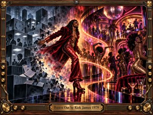 A flamboyant figure in shimmering crimson strides from a gray, rigid cityscape into a dazzling 1970s funk nightclub. Golden light trails swirl through dancers, mirrored floors, and glowing disco balls. Rich magenta, amber, and purple tones radiate rebellious freedom. Detailed digital artistry and an ornate brass musical frame complete the scene.