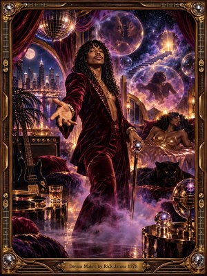 A charismatic funk musician in burgundy velvet commands a lavish dreamscape of floating celestial spheres, romantic visions, and glowing stairways. Purple mist surrounds a reclining woman, black panther, and vintage instruments. Golden reflections illuminate the midnight skyline, while an ornate brass frame completes this sensual, surreal digital fantasy.