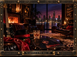 A luxurious 1980s lounge glows with firelight and candlelight against a purple city skyline at dusk. A black bass guitar, red silk, fedora, rose, whiskey glass, and Rick James record evoke romantic soul. Deep leather furnishings, golden reflections, and an ornate musical frame complete the cinematic, intimate scene.