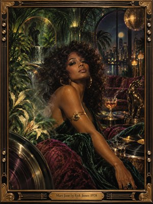 A glamorous woman with voluminous curls reclines in a lush, smoke-filled 1970s lounge, surrounded by tropical foliage, burgundy velvet, glowing lamps, and vinyl records. Emerald greens and warm golds illuminate her confident pose as a moonlit skyline shimmers beyond arched windows. An ornate black-and-brass frame completes the sensual, painterly scene.