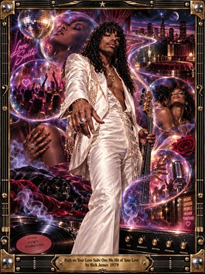 A charismatic funk musician in a shimmering white suit commands a surreal digital dreamscape. Neon pink and violet light winds through floating scenes of dancers, romance, city lights, and velvet luxury. A mirrored disco ball, black panther, vinyl record, and ornate golden frame evoke intoxicating 1970s glamour.