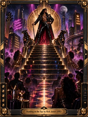 A charismatic funk king commands a towering marble staircase, flanked by black panthers above a glamorous nightclub crowd. Violet neon, golden spotlights, and smoky city skyscrapers create a decadent 1980s atmosphere. Glossy digital artistry, shimmering reflections, and an ornate metallic frame celebrate musical power, swagger, luxury, and triumph.