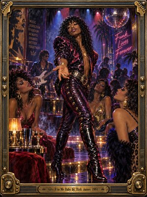 A charismatic funk performer commands a glamorous 1980s nightclub, surrounded by admiring dancers, shimmering costumes, and smoky stage lights. Rich purples, magentas, blues, and gold illuminate glossy surfaces beneath a mirrored disco ball. Expressive painterly textures, neon accents, and an ornate brass musical frame capture irresistible rhythm, confidence, and sensual energy.