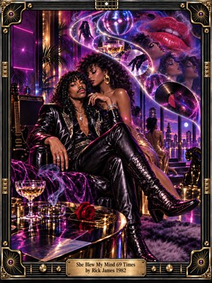 A flamboyant funk musician lounges beside a glamorous woman in a luxurious neon nightclub. Swirling violet light trails connect floating portraits, disco reflections, and shimmering memories. Rich magenta, gold, and electric blue illuminate leather, velvet, and glass. Surreal digital artistry captures seductive 1980s glamour within an ornate metallic frame.