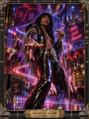 A charismatic funk singer reaches toward the viewer beneath a mirrored disco ball in a vibrant 1980s nightclub. Neon pink and electric blue ribbons spiral through smoky air, illuminating dancers, skyscrapers, and gleaming leather. Layered portraits suggest relentless rhythm, while an ornate black and gold musical frame completes the theatrical digital artwork.