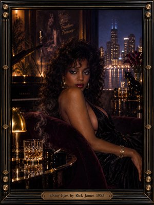 A glamorous woman with dark, expressive eyes reclines in a velvet lounge overlooking a glowing nighttime skyline. Amber lamplight illuminates her gold jewelry, a crystal glass, and polished piano, while drifting smoke enhances the intimate atmosphere. Cinematic 1980s photography blends burgundy, midnight blue, and black within an ornate brass-trimmed frame.