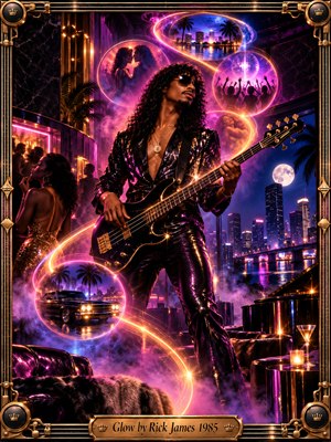 A glamorous funk bassist commands a neon-lit 1980s nightclub, surrounded by swirling golden light trails and glowing memory bubbles. Magenta, violet, and electric blue illuminate dancers, romantic silhouettes, vintage cars, and a moonlit skyline. Luxurious digital artistry, shimmering reflections, smoky atmosphere, and an ornate brass frame evoke seductive musical energy.