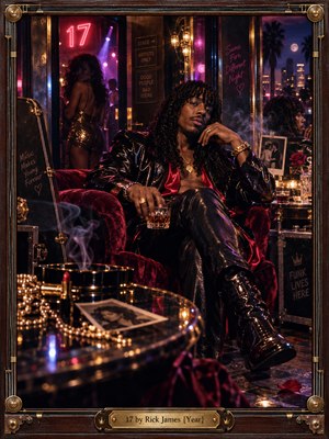 A leather-clad funk musician lounges in a crimson velvet chair inside a smoky 1980s nightclub. Pink and violet neon illuminates mirrors, gold jewelry, and glossy boots, while a mysterious woman stands in the doorway. Cinematic shadows, reflective surfaces, and an ornate brass-trimmed frame evoke glamour, temptation, and nighttime intrigue.