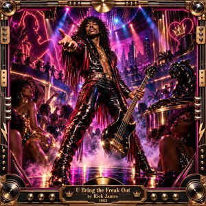 A flamboyant funk musician commands a dazzling nightclub stage, holding a black bass guitar amid glamorous dancers and swirling smoke. Electric magenta, violet, and gold lighting illuminates mirrored surfaces, a disco ball, and a glowing skyline. This vibrant digital artwork features an ornate metallic frame and engraved title plate.