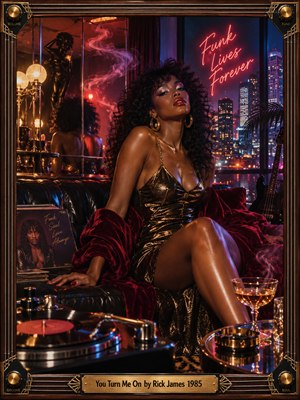 A glamorous woman in a shimmering gold dress reclines on black leather amid crimson velvet and curling pink smoke. Neon signs and a glittering skyline bathe the 1980s lounge in violet, blue, and amber light. A turntable, cocktail glass, mirrors, and ornate brass-trimmed frame heighten the sultry cinematic mood.