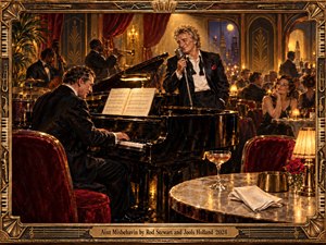 A warm oil-painted jazz club glows with amber light as a silver-haired singer performs beside a grand piano and elegant pianist. Red velvet, polished black lacquer, brass instruments, chandeliers, and attentive patrons create a romantic Art Deco atmosphere, framed by ornate musical detailing and a refined engraved title plate.