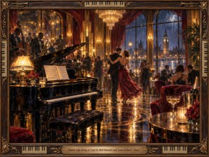 A glamorous jazz ballroom glows with amber chandeliers, candlelight, and rain-washed London reflections. A dancing couple sweeps across the polished floor beside a grand piano and shadowy band. Burgundy, gold, midnight blue, and black create a romantic, buoyant mood, rendered in richly textured, luminous oil-painting style.
