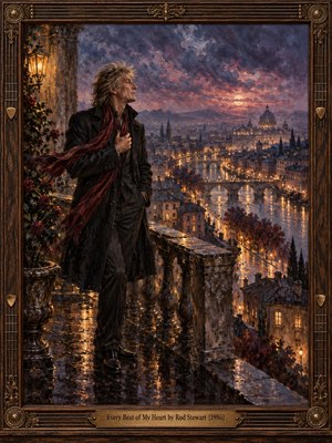 A windswept man stands on a rain-slick stone balcony above a glowing European river city at dusk. Deep indigo, burgundy, violet, and amber tones create a romantic, reflective mood. Painterly oil textures, wet reflections, distant architecture, roses, and an ornate bronze-and-wood musical frame enrich the dramatic composition.