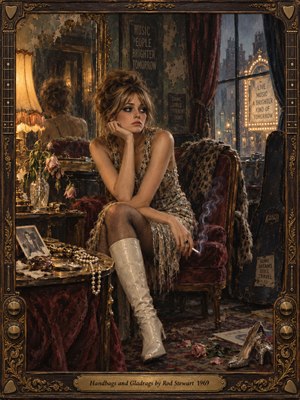 A glamorous young woman sits pensively in a faded late-1960s dressing room, surrounded by wilted roses, pearls, mirrors, cigarette smoke, and worn theatrical details. Warm amber lamplight contrasts with cool rainy window light, while deep reds, golds, and browns create a melancholic, richly textured oil-painted atmosphere of beauty and disillusionment.