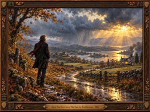 A solitary man stands beside a rain-slicked country road overlooking a broad autumn valley beneath storm clouds pierced by golden sunlight. Warm reflections shimmer across puddles, distant water, fields, and a glowing farmhouse. Rich oil-paint textures, slate blues, russet browns, and amber highlights create a nostalgic, contemplative mood within an ornate guitar-inspired wooden frame.